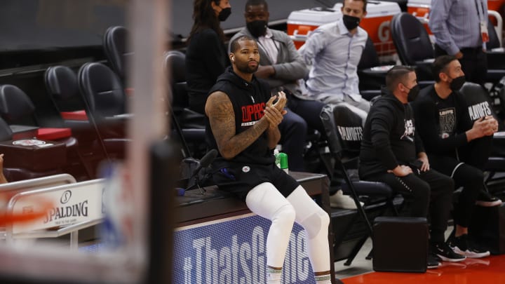 LA Clippers center DeMarcus Cousins (15) warms up prior to game one in the second round of the 2021 NBA Playoffs at Vivint Arena.