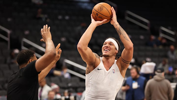 Jan 22, 2026; Washington, District of Columbia, USA; Denver Nuggets forward Aaron Gordon (32) takes a shot before a game against the Washington Wizards at Capital One Arena. Mandatory Credit: Daniel Kucin Jr.-Imagn Images
