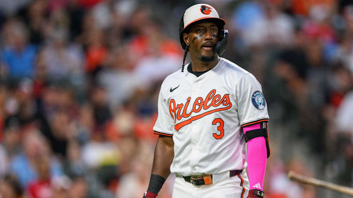 Jun 30, 2024; Baltimore, Maryland, USA; Baltimore Orioles second base Jorge Mateo (3) reacts after a strike out during the fifth inning against the Texas Rangers at Oriole Park at Camden Yards