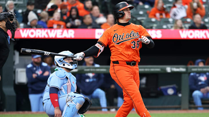 Apr 12, 2025; Baltimore, Maryland, USA; Baltimore Orioles catcher Adley Rutschman (35) hits a home run during the sixth inning against the Toronto Blue Jays at Oriole Park at Camden Yards. Apr 12, 2025; Baltimore, Maryland, USA; Baltimore Orioles catcher Adley Rutschman (35) hits a home run during the sixth inning against the Toronto Blue Jays at Oriole Park at Camden Yards.