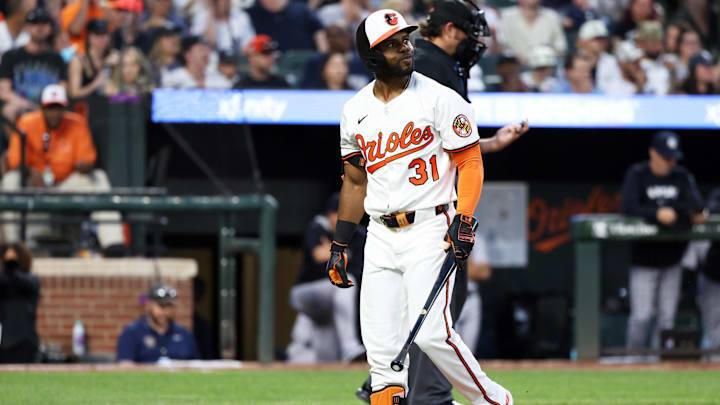 Apr 29, 2025; Baltimore, Maryland, USA; Baltimore Orioles outfielder Cedric Mullins (31) reacts after striking out during the fourth inning against the New York Yankees at Oriole Park at Camden Yards. Apr 29, 2025; Baltimore, Maryland, USA; Baltimore Orioles outfielder Cedric Mullins (31) reacts after striking out during the fourth inning against the New York Yankees at Oriole Park at Camden Yards.
