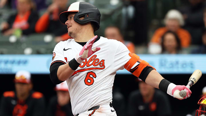 May 14, 2025; Baltimore, Maryland, USA; Baltimore Orioles first baseman Ryan Mountcastle (6) reaches first base on a fielding error by Minnesota Twins third baseman Brooks Lee (not pictured) during the seventh inning at Oriole Park at Camden Yards.
