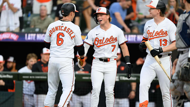Apr 30, 2025; Baltimore, Maryland, USA; Baltimore Orioles first baseman Ryan Mountcastle (6) hits a home run and celebrates with second baseman Jackson Holliday (7) and outfielder Heston Kjerstad (13) during the second inning against the New York Yankees at Oriole Park at Camden Yards. Apr 30, 2025; Baltimore, Maryland, USA; Baltimore Orioles first baseman Ryan Mountcastle (6) hits a home run and celebrates with second baseman Jackson Holliday (7) and outfielder Heston Kjerstad (13) during the second inning against the New York Yankees at Oriole Park at Camden Yards.