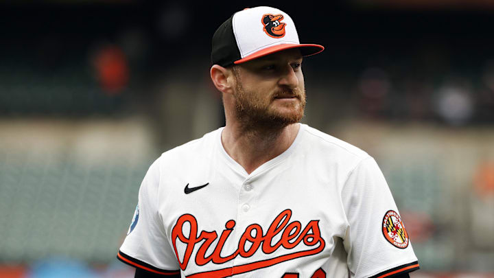 May 14, 2025; Baltimore, Maryland, USA; Baltimore Orioles pitcher Bryan Baker (43) looks on during the seventh inning against the Minnesota Twins at Oriole Park at Camden Yards. 