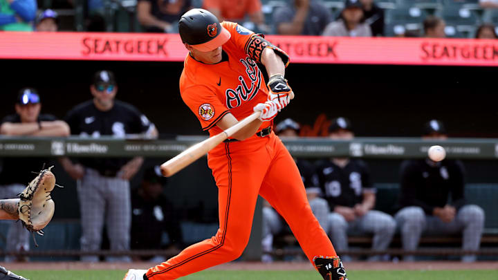 May 31, 2025; Baltimore, Maryland, USA; Baltimore Orioles third baseman Coby Mayo (16) hits a single during the fourth inning against the Chicago White Sox at Oriole Park at Camden Yards. Mandatory Credit: Daniel Kucin Jr.-Imagn Images