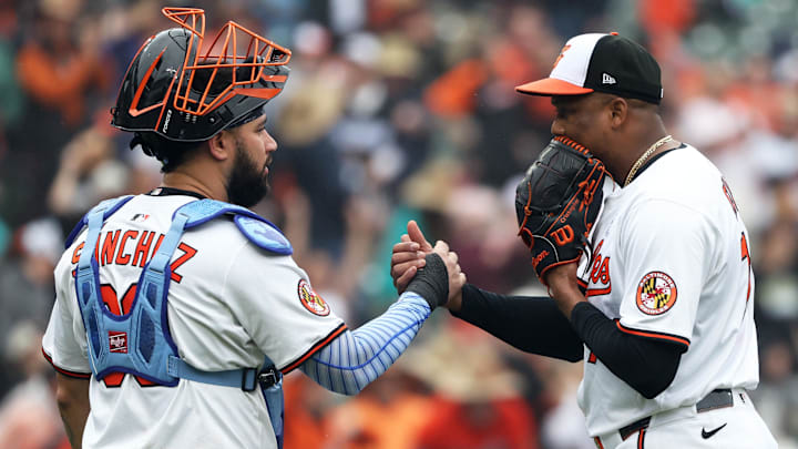 Jun 15, 2025; Baltimore, Maryland, USA; Baltimore Orioles catcher Gary Sanchez (99) celebrates with Baltimore Orioles pitcher Yennier Cano (78) after a game against the Los Angeles Angels at Oriole Park at Camden Yards. 