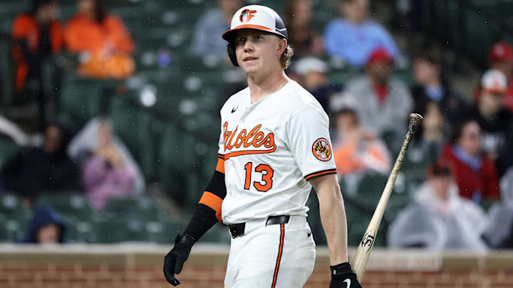 May 27, 2025; Baltimore, Maryland, USA; Baltimore Orioles outfielder Heston Kjerstad (13) looks on during the sixth inning against the St. Louis Cardinals at Oriole Park at Camden Yards.