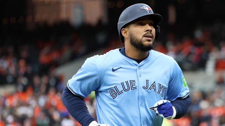 Apr 12, 2025; Baltimore, Maryland, USA; Toronto Blue Jays outfielder Anthony Santander (25) runs off of the field during the eighth inning against the Baltimore Orioles at Oriole Park at Camden Yards. Apr 12, 2025; Baltimore, Maryland, USA; Toronto Blue Jays outfielder Anthony Santander (25) runs off of the field during the eighth inning against the Baltimore Orioles at Oriole Park at Camden Yards.