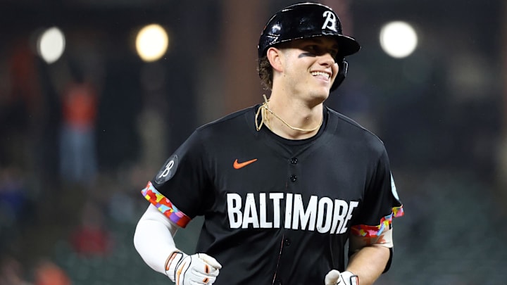 Jun 27, 2025; Baltimore, Maryland, USA; Baltimore Orioles first baseman Coby Mayo (16) celebrates after hitting his first career MLB home run during the eighth inning against the Tampa Bay Rays at Oriole Park at Camden Yards. Jun 27, 2025; Baltimore, Maryland, USA; Baltimore Orioles first baseman Coby Mayo (16) celebrates after hitting his first career MLB home run during the eighth inning against the Tampa Bay Rays at Oriole Park at Camden Yards.