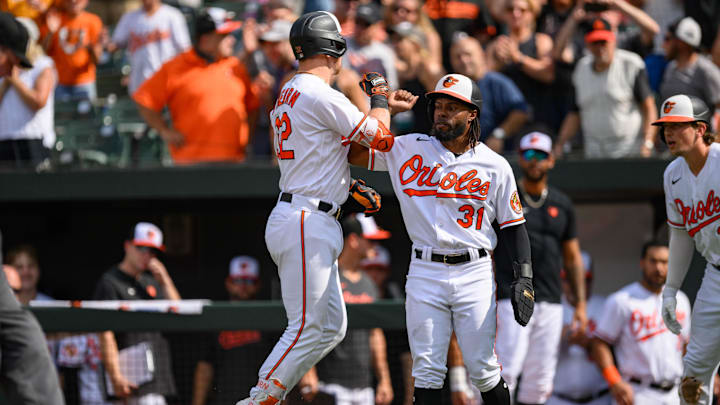 Aug 27, 2023; Baltimore, Maryland, USA; Baltimore Orioles first baseman Ryan O'Hearn (32) celebrates with center fielder Cedric Mullins (31) after hitting a two run home run during the eighth inning against the Colorado Rockies at Oriole Park at Camden Yards. Aug 27, 2023; Baltimore, Maryland, USA; Baltimore Orioles first baseman Ryan O'Hearn (32) celebrates with center fielder Cedric Mullins (31) after hitting a two run home run during the eighth inning against the Colorado Rockies at Oriole Park at Camden Yards.
