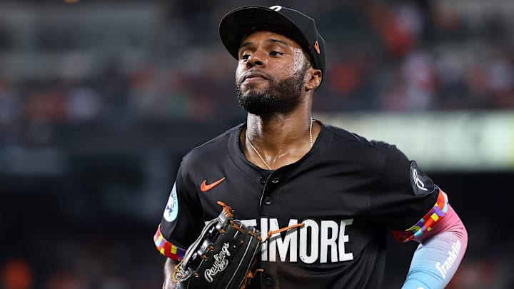 Jul 11, 2025; Baltimore, Maryland, USA; Baltimore Orioles outfielder Cedric Mullins (31) runs off of the field during the fifth inning against the Miami Marlins at Oriole Park at Camden Yards. Mandatory Credit: Daniel Kucin Jr.-Imagn Images