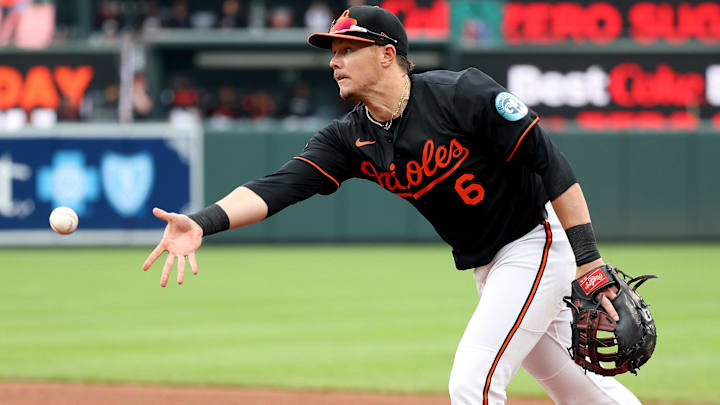 May 14, 2025; Baltimore, Maryland, USA; Baltimore Orioles first baseman Ryan Mountcastle (6) throws to first for an out during the sixth inning against the Minnesota Twins at Oriole Park at Camden Yards. Mandatory Credit: Daniel Kucin Jr.-Imagn Images May 14, 2025; Baltimore, Maryland, USA; Baltimore Orioles first baseman Ryan Mountcastle (6) throws to first for an out during the sixth inning against the Minnesota Twins at Oriole Park at Camden Yards. Mandatory Credit: Daniel Kucin Jr.-Imagn Images