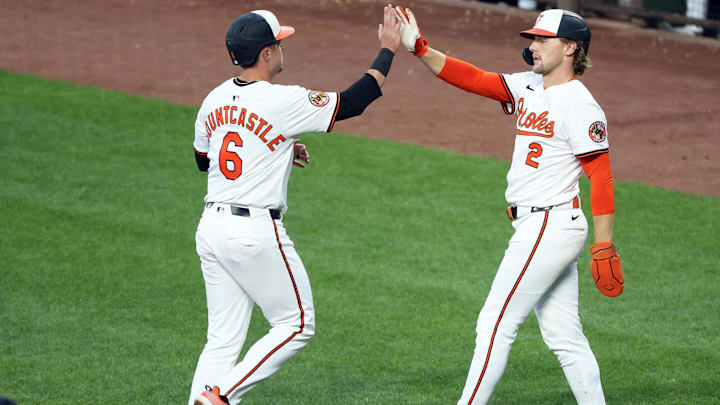 Aug 25, 2025; Baltimore, Maryland, USA; Baltimore Orioles shortstop Gunnar Henderson (2) and Baltimore Orioles first baseman Ryan Mountcastle (6) celebrate after scoring during the third inning against the Boston Red Sox at Oriole Park at Camden Yards. Aug 25, 2025; Baltimore, Maryland, USA; Baltimore Orioles shortstop Gunnar Henderson (2) and Baltimore Orioles first baseman Ryan Mountcastle (6) celebrate after scoring during the third inning against the Boston Red Sox at Oriole Park at Camden Yards.