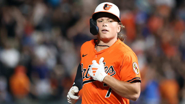 Sep 6, 2025; Baltimore, Maryland, USA; Baltimore Orioles second baseman Jackson Holliday (7) celebrates after hitting a home run during the ninth inning against the Los Angeles Dodgers at Oriole Park at Camden Yards. Mandatory Credit: Daniel Kucin Jr.-Imagn Images Sep 6, 2025; Baltimore, Maryland, USA; Baltimore Orioles second baseman Jackson Holliday (7) celebrates after hitting a home run during the ninth inning against the Los Angeles Dodgers at Oriole Park at Camden Yards. Mandatory Credit: Daniel Kucin Jr.-Imagn Images
