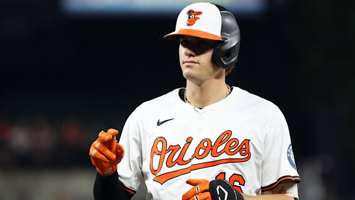 Sep 23, 2025; Baltimore, Maryland, USA; Baltimore Orioles first baseman Coby Mayo (16) celebrates after hitting a single during the third inning against the Tampa Bay Rays at Oriole Park at Camden Yards. Mandatory Credit: Daniel Kucin Jr.-Imagn Images