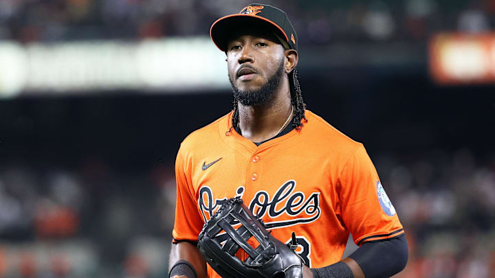 Sep 20, 2025; Baltimore, Maryland, USA; Baltimore Orioles shortstop Jorge Mateo (3) runs off of the field during the first inning against the New York Yankees at Oriole Park at Camden Yards. Mandatory Credit: Daniel Kucin Jr.-Imagn Images
