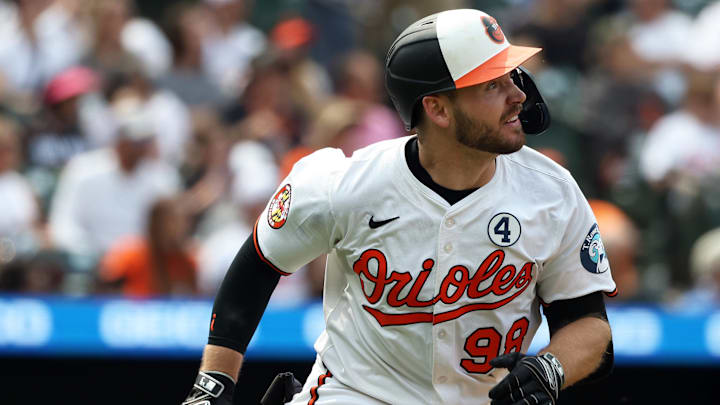 Jun 1, 2025; Baltimore, Maryland, USA; Baltimore Orioles catcher Maverick Handley (98) runs to first during the seventh inning against the Chicago White Sox at Oriole Park at Camden Yards. Mandatory Credit: Daniel Kucin Jr.-Imagn Images
