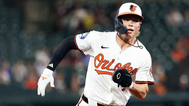 Sep 23, 2025; Baltimore, Maryland, USA; Baltimore Orioles second baseman Jackson Holliday (7) advances to third during the first inning against the Tampa Bay Rays at Oriole Park at Camden Yards. Mandatory Credit: Daniel Kucin Jr.-Imagn Images