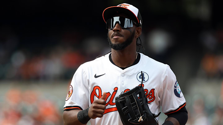 Jun 1, 2025; Baltimore, Maryland, USA; Baltimore Orioles shortstop Jorge Mateo (3) looks on during the eighth inning against the Chicago White Sox at Oriole Park at Camden Yards. Mandatory Credit: Daniel Kucin Jr.-Imagn Images