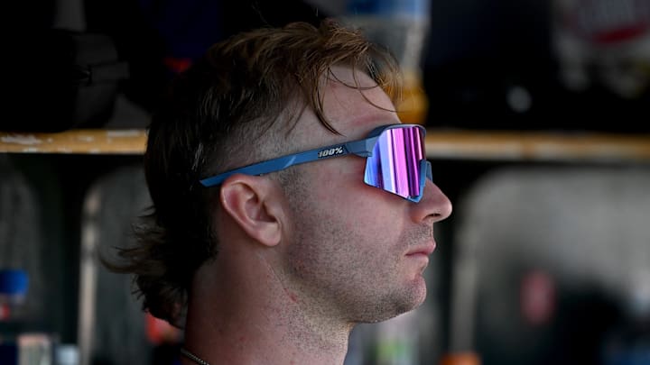 Sep 1, 2025; Detroit, Michigan, USA;  New York Mets first baseman Pete Alonso (20) watches the action from the dugout against the Detroit Tigers in the fourth inning at Comerica Park. Mandatory Credit: Lon Horwedel-Imagn Images