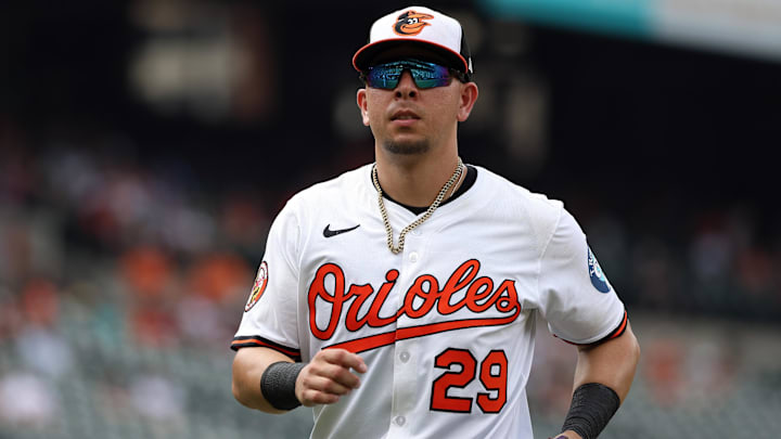 Jun 29, 2025; Baltimore, Maryland, USA; Baltimore Orioles third baseman Ramon Urias (29) runs off of the field during the seventh inning against the Tampa Bay Rays at Oriole Park at Camden Yards. Mandatory Credit: Daniel Kucin Jr.-Imagn Images