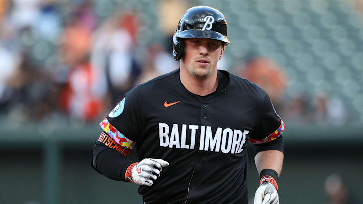 Aug 8, 2025; Baltimore, Maryland, USA; Baltimore Orioles catcher Adley Rutschman (35) rounds the bases after hitting a home run during the first inning against the Athletics at Oriole Park at Camden Yards. Mandatory Credit: Daniel Kucin Jr.-Imagn Images