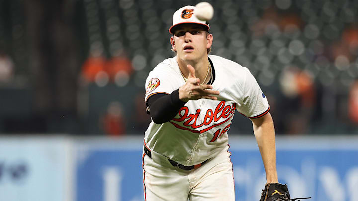 Sep 23, 2025; Baltimore, Maryland, USA; Baltimore Orioles first baseman Coby Mayo (16) throws to first during the seventh inning against the Tampa Bay Rays at Oriole Park at Camden Yards. Mandatory Credit: Daniel Kucin Jr.-Imagn Images