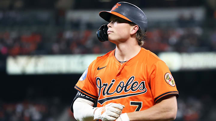 Sep 20, 2025; Baltimore, Maryland, USA; Baltimore Orioles second baseman Jackson Holliday (7) looks on during the first inning against the New York Yankees at Oriole Park at Camden Yards. Mandatory Credit: Daniel Kucin Jr.-Imagn Images