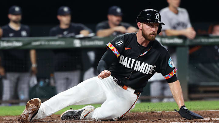 Sep 19, 2025; Baltimore, Maryland, US A;Baltimore Orioles third baseman Jordan Westburg (11) scores during the sixth inning against the New York Yankees at Oriole Park at Camden Yards. Mandatory Credit: Daniel Kucin Jr.-Imagn Images