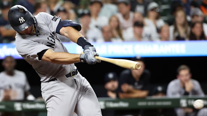 Sep 18, 2025; Baltimore, Maryland, USA; New York Yankees first baseman Paul Goldschmidt (48) hits an RBI single during the seventh inning against the Baltimore Orioles at Oriole Park at Camden Yards. 