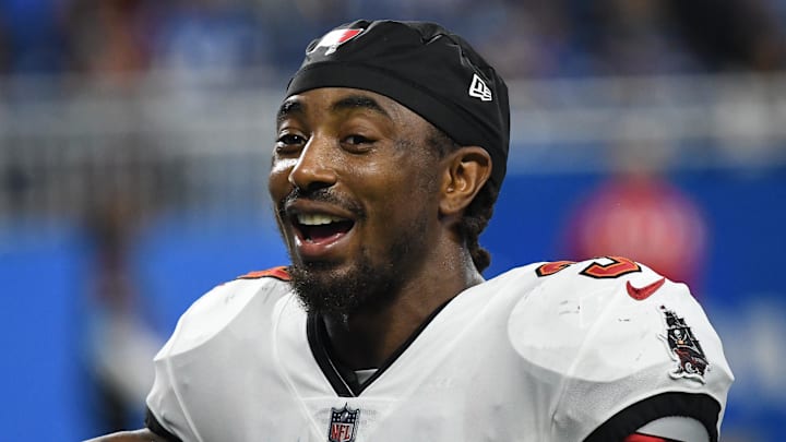 Sep 15, 2024; Detroit, Michigan, USA; Tampa Bay Buccaneers safety Jordan Whitehead (3) smiles after their game against the Detroit Lions at Ford Field. Mandatory Credit: Eamon Horwedel-Imagn Images