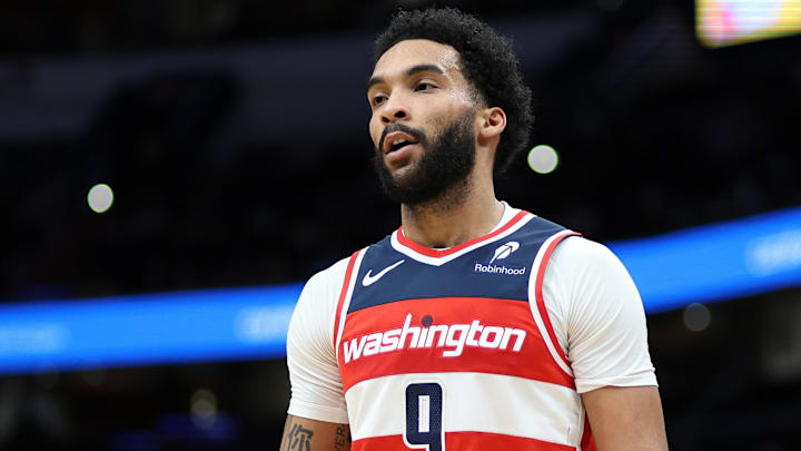 Feb 8, 2025; Washington, District of Columbia, USA; Washington Wizards forward Justin Champagnie (9) looks on during the first half against the Atlanta Hawks at Capital One Arena. Mandatory Credit: Daniel Kucin Jr.-Imagn Images