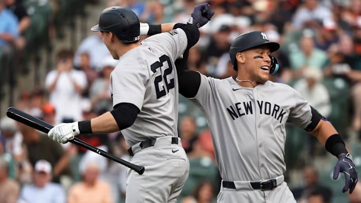 Apr 29, 2025; Baltimore, Maryland, USA; New York Yankees outfielder Aaron Judge (99) celebrates with New York Yankees first baseman Ben Rice (22) after hitting a home run during the first inning against the Baltimore Orioles at Oriole Park at Camden Yards