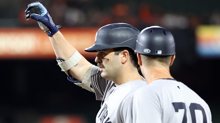 Sep 18, 2025; Baltimore, Maryland, USA; New York Yankees catcher Austin Wells (28) celebrates after hitting a single during the eighth inning against the Baltimore Orioles at Oriole Park at Camden Yards. Mandatory Credit: Daniel Kucin Jr.-Imagn Images