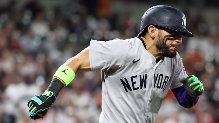 Sep 18, 2025; Baltimore, Maryland, USA; New York Yankees shortstop Jose Caballero (72) singles during the second inning against the Baltimore Orioles at Oriole Park at Camden Yards. Mandatory Credit: Daniel Kucin Jr.-Imagn Images