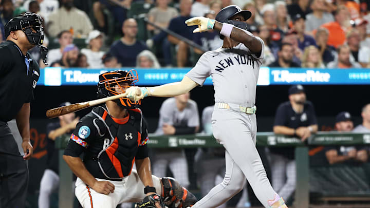 Sep 19, 2025; Baltimore, Maryland, USA; New York Yankees second baseman Jazz Chisholm Jr. (13) hits a home run during the seventh inning against the Baltimore Orioles at Oriole Park at Camden Yards. Mandatory Credit: Daniel Kucin Jr.-Imagn Images