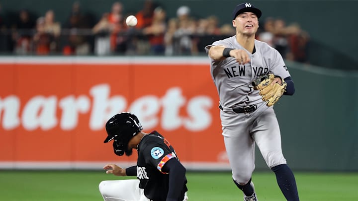 Sep 19, 2025; Baltimore, Maryland, USA; New York Yankees shortstop Anthony Volpe (11) throws to first past Baltimore Orioles second baseman Jeremiah Jackson (82) to record an out during the sixth inning at Oriole Park at Camden Yards. Mandatory Credit: Daniel Kucin Jr.-Imagn Images Sep 19, 2025; Baltimore, Maryland, USA; New York Yankees shortstop Anthony Volpe (11) throws to first past Baltimore Orioles second baseman Jeremiah Jackson (82) to record an out during the sixth inning at Oriole Park at Camden Yards. Mandatory Credit: Daniel Kucin Jr.-Imagn Images
