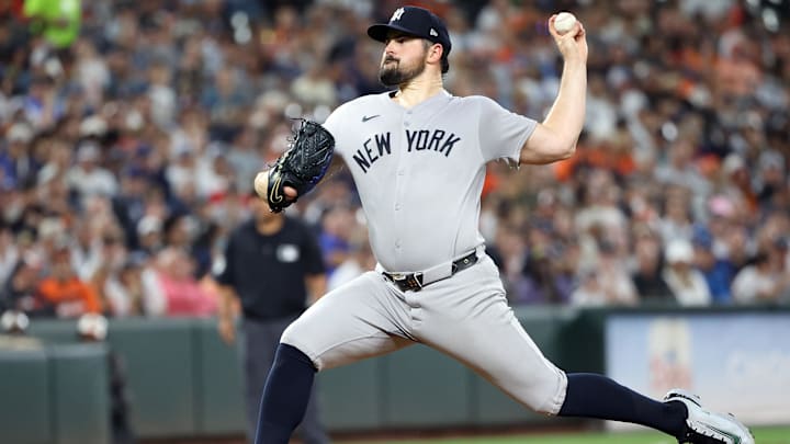 Sep 20, 2025; Baltimore, Maryland, USA; New York Yankees pitcher Carlos Rodon (55) throws during the first inning against the Baltimore Orioles at Oriole Park at Camden Yards. Mandatory Credit: Daniel Kucin Jr.-Imagn Images