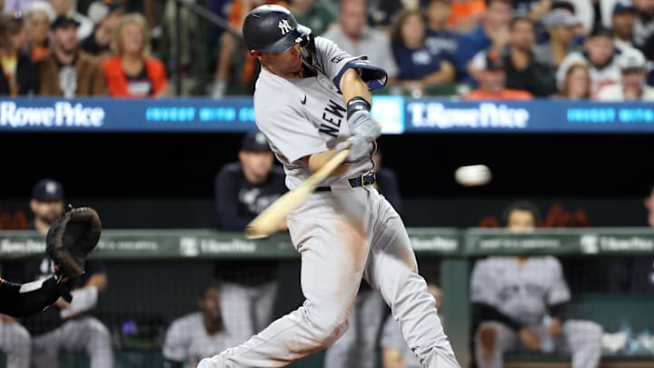 Sep 20, 2025; Baltimore, Maryland, USA; New York Yankees first baseman Paul Goldschmidt (48) hits a single during the eighth inning against the Baltimore Orioles at Oriole Park at Camden Yards. Mandatory Credit: Daniel Kucin Jr.-Imagn Images