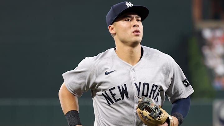 Sep 19, 2025; Baltimore, Maryland, USA; New York Yankees shortstop Anthony Volpe (11) runs off of the field before a game against the Baltimore Orioles at Oriole Park at Camden Yards. Mandatory Credit: Daniel Kucin Jr.-Imagn Images
