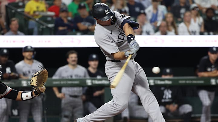 Sep 18, 2025; Baltimore, Maryland, USA; New York Yankees first baseman Paul Goldschmidt (48) hits a single during the first inning against the Baltimore Orioles at Oriole Park at Camden Yards. Mandatory Credit: Daniel Kucin Jr.-Imagn Images Sep 18, 2025; Baltimore, Maryland, USA; New York Yankees first baseman Paul Goldschmidt (48) hits a single during the first inning against the Baltimore Orioles at Oriole Park at Camden Yards. Mandatory Credit: Daniel Kucin Jr.-Imagn Images