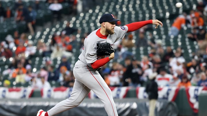 Apr 2, 2025; Baltimore, Maryland, USA; Boston Red Sox pitcher Garrett Crochet (35) throws during the second inning against the Baltimore Orioles at Oriole Park at Camden Yards. Mandatory Credit: Daniel Kucin Jr.-Imagn Images