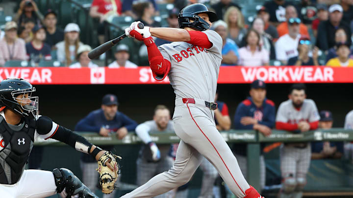Aug 25, 2025; Baltimore, Maryland, USA; Boston Red Sox outfielder Roman Anthony (19) hits a home run during the first inning against the Baltimore Orioles at Oriole Park at Camden Yards. Mandatory Credit: Daniel Kucin Jr.-Imagn Images