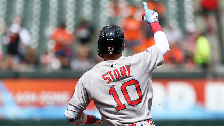 Aug 28, 2025; Baltimore, Maryland, USA; Boston Red Sox shortstop Trevor Story (10) celebrates after hitting a home run during the first inning against the Baltimore Orioles at Oriole Park at Camden Yards. Mandatory Credit: Daniel Kucin Jr.-Imagn Images Aug 28, 2025; Baltimore, Maryland, USA; Boston Red Sox shortstop Trevor Story (10) celebrates after hitting a home run during the first inning against the Baltimore Orioles at Oriole Park at Camden Yards. Mandatory Credit: Daniel Kucin Jr.-Imagn Images
