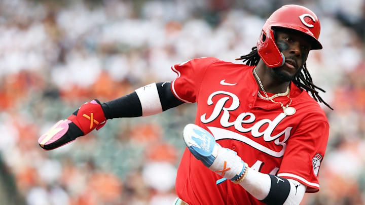 Apr 19, 2025; Baltimore, Maryland, USA; Cincinnati Reds shortstop Elly De La Cruz (44) rounds third base to score a run during the first inning against the Baltimore Orioles at Oriole Park at Camden Yards. Mandatory Credit: Daniel Kucin Jr.-Imagn Images
