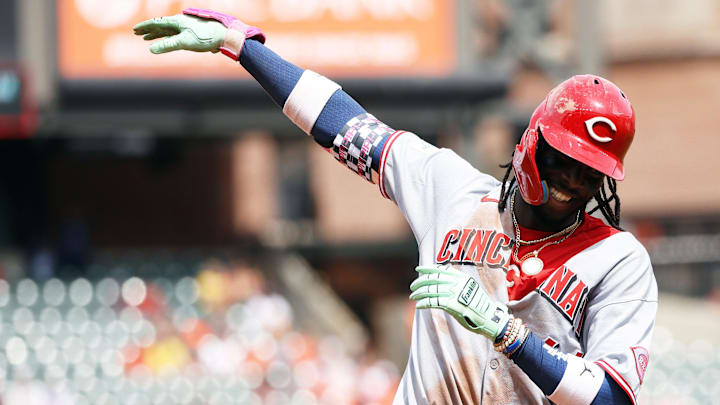 Apr 20, 2025; Baltimore, Maryland, USA; Cincinnati Reds shortstop Elly De La Cruz (44) celebrates after hitting a home run during the third inning against the Baltimore Orioles at Oriole Park at Camden Yards. Mandatory Credit: Daniel Kucin Jr.-Imagn Images