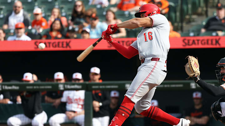 Apr 20, 2025; Baltimore, Maryland, USA; Cincinnati Reds infielder Noelvi Marte (16) hits a double during the ninth inning against the Baltimore Orioles at Oriole Park at Camden Yards. Mandatory Credit: Daniel Kucin Jr.-Imagn Images Apr 20, 2025; Baltimore, Maryland, USA; Cincinnati Reds infielder Noelvi Marte (16) hits a double during the ninth inning against the Baltimore Orioles at Oriole Park at Camden Yards. Mandatory Credit: Daniel Kucin Jr.-Imagn Images