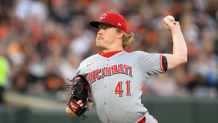 Apr 18, 2025; Baltimore, Maryland, USA; Cincinnati Reds pitcher Andrew Abbott (41) throws a pitch during the first inning against the Baltimore Orioles at Oriole Park at Camden Yards. Mandatory Credit: Reggie Hildred-Imagn Images