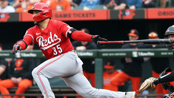 Apr 19, 2025; Baltimore, Maryland, USA; Cincinnati Reds catcher Jose Trevino (35) hits a double during the second inning against the Baltimore Orioles at Oriole Park at Camden Yards. Mandatory Credit: Daniel Kucin Jr.-Imagn Images