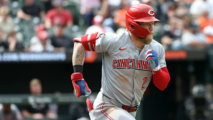 Apr 20, 2025; Baltimore, Maryland, USA; Cincinnati Reds outfielder Jake Fraley (27) runs to first base during the first inning against the Baltimore Orioles at Oriole Park at Camden Yards. Mandatory Credit: Daniel Kucin Jr.-Imagn Images